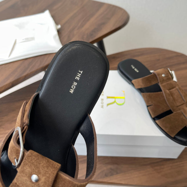 THE ROW 26S GLADIATOR SLIDE SANDALS IN BROWN SUEDE