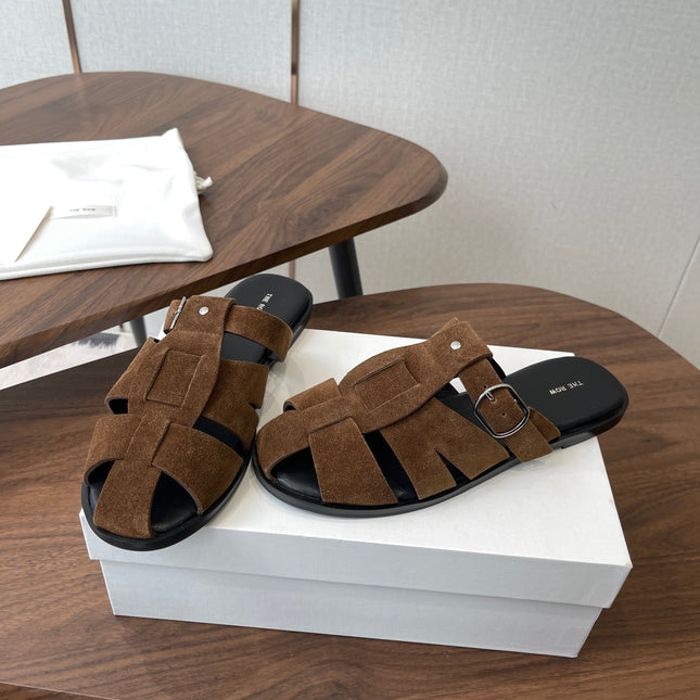 THE ROW 26S GLADIATOR SLIDE SANDALS IN BROWN SUEDE