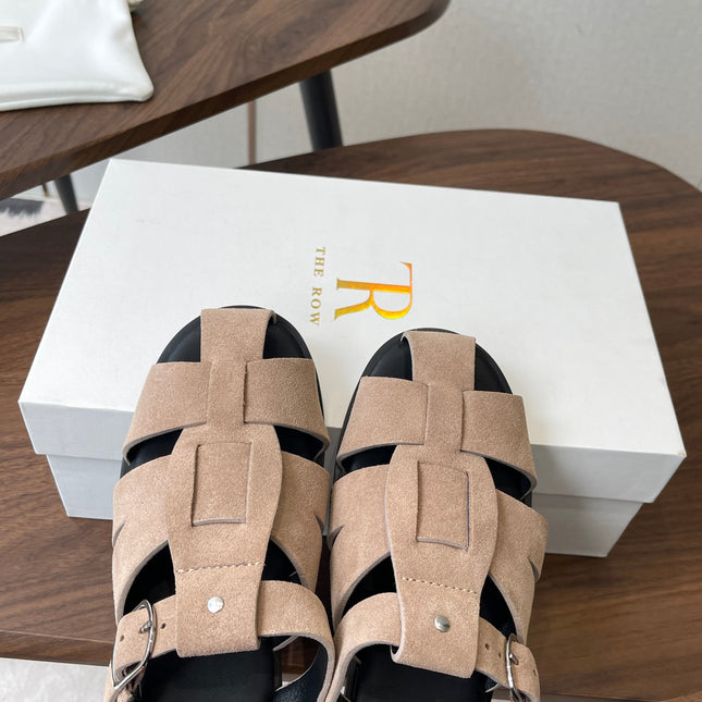 THE ROW 26S GLADIATOR SLIDE SANDALS IN TAUPE BEIGE SUEDE