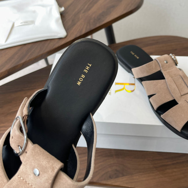 THE ROW 26S GLADIATOR SLIDE SANDALS IN TAUPE BEIGE SUEDE