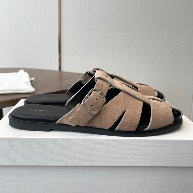 THE ROW 26S GLADIATOR SLIDE SANDALS IN TAUPE BEIGE SUEDE