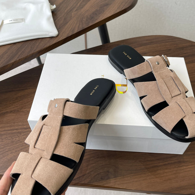 THE ROW 26S GLADIATOR SLIDE SANDALS IN TAUPE BEIGE SUEDE