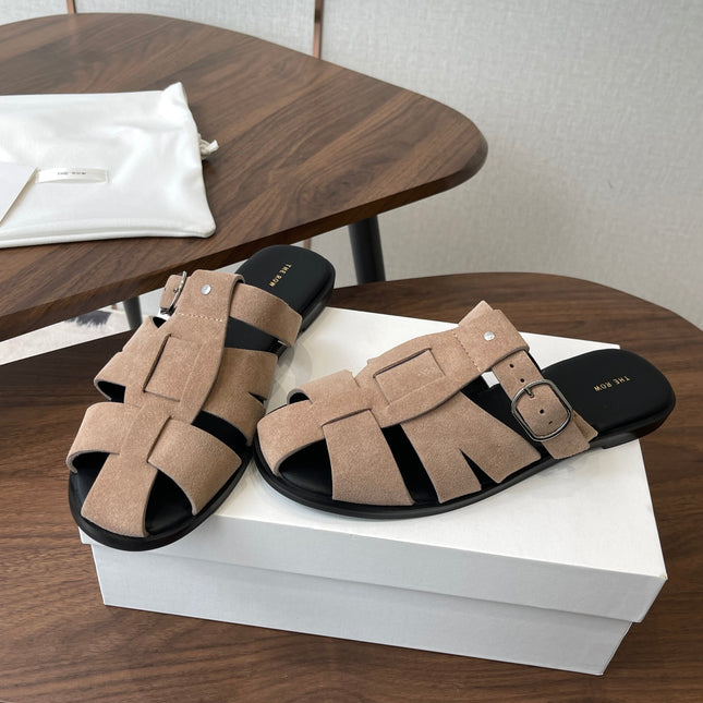 THE ROW 26S GLADIATOR SLIDE SANDALS IN TAUPE BEIGE SUEDE