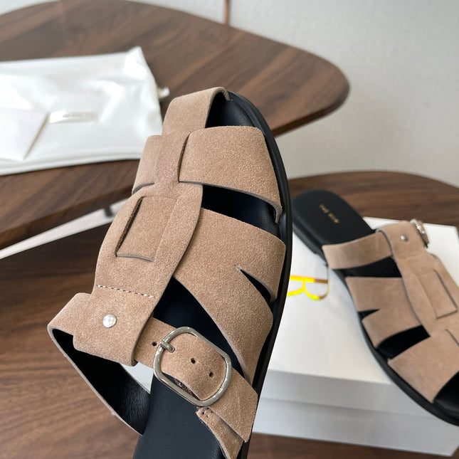 THE ROW 26S GLADIATOR SLIDE SANDALS IN TAUPE BEIGE SUEDE