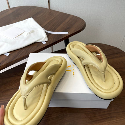 THE ROW 26S PUFFED THONG SANDALS IN BUTTER YELLOW CALFSKIN