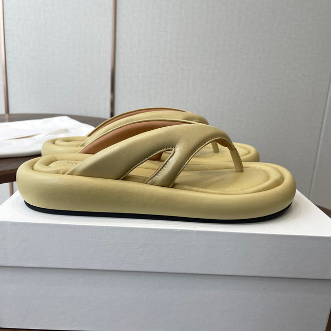 THE ROW 26S PUFFED THONG SANDALS IN BUTTER YELLOW CALFSKIN