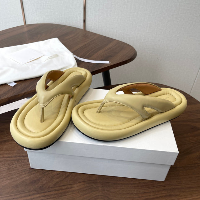 THE ROW 26S PUFFED THONG SANDALS IN BUTTER YELLOW CALFSKIN