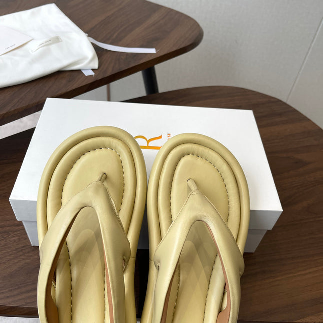 THE ROW 26S PUFFED THONG SANDALS IN BUTTER YELLOW CALFSKIN