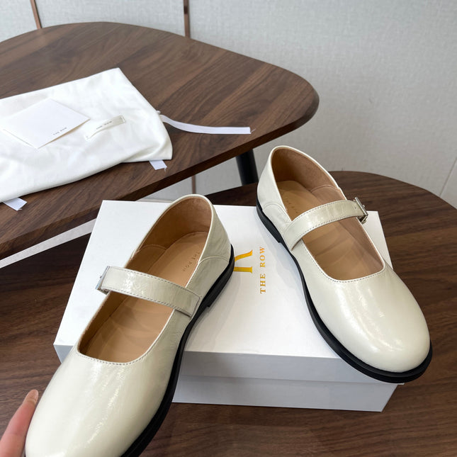 THE ROW 26S MARY JANE FLATS IN WHITE PATENT CALFSKIN