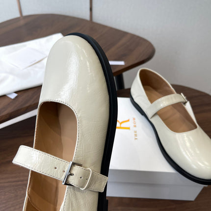 THE ROW 26S MARY JANE FLATS IN WHITE PATENT CALFSKIN