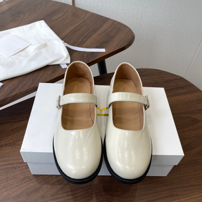 THE ROW 26S MARY JANE FLATS IN WHITE PATENT CALFSKIN