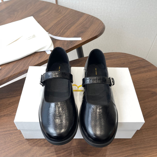 THE ROW 26S MARY JANE FLATS IN BLACK PATENT CALFSKIN