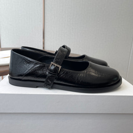 THE ROW 26S MARY JANE FLATS IN BLACK PATENT CALFSKIN