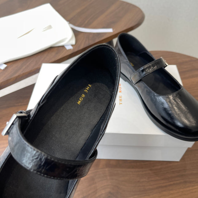 THE ROW 26S MARY JANE FLATS IN BLACK PATENT CALFSKIN