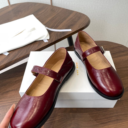 THE ROW 26S MARY JANE FLATS IN DARK RED PATENT CALFSKIN