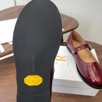 THE ROW 26S MARY JANE FLATS IN DARK RED PATENT CALFSKIN