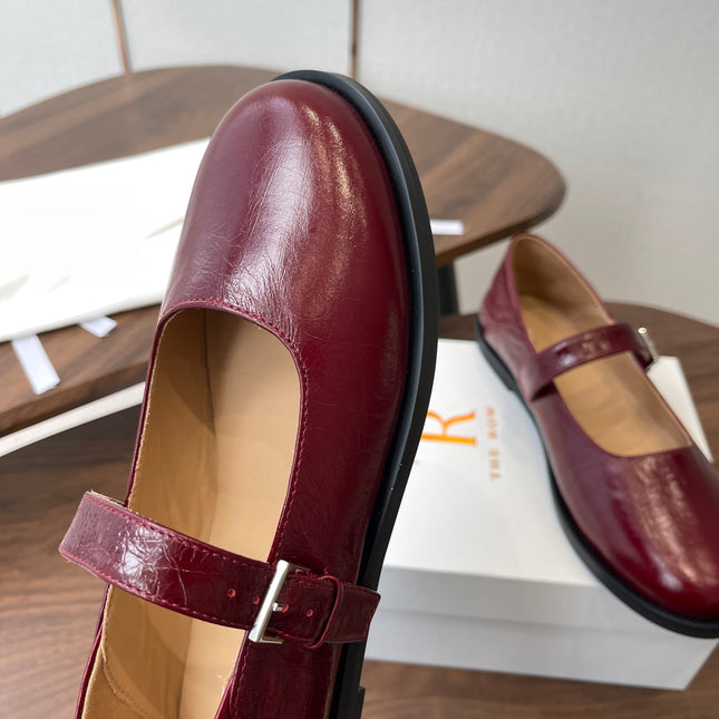 THE ROW 26S MARY JANE FLATS IN DARK RED PATENT CALFSKIN