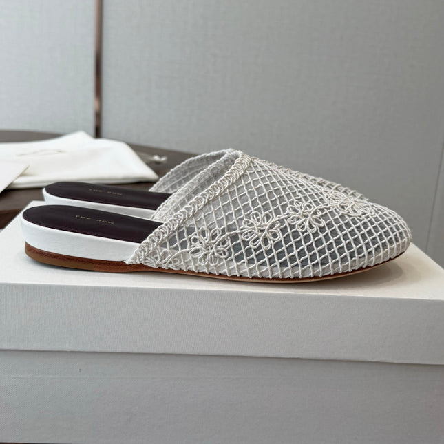 THE ROW 26S MULE FLATS IN WHITE CROCHET MESH