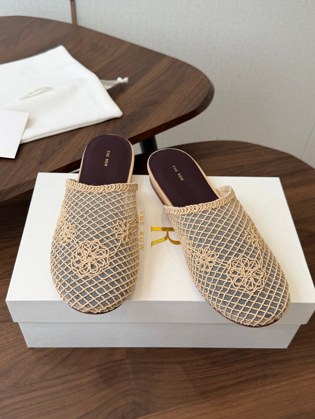 THE ROW 26S MULE FLATS IN BEIGE CROCHET MESH