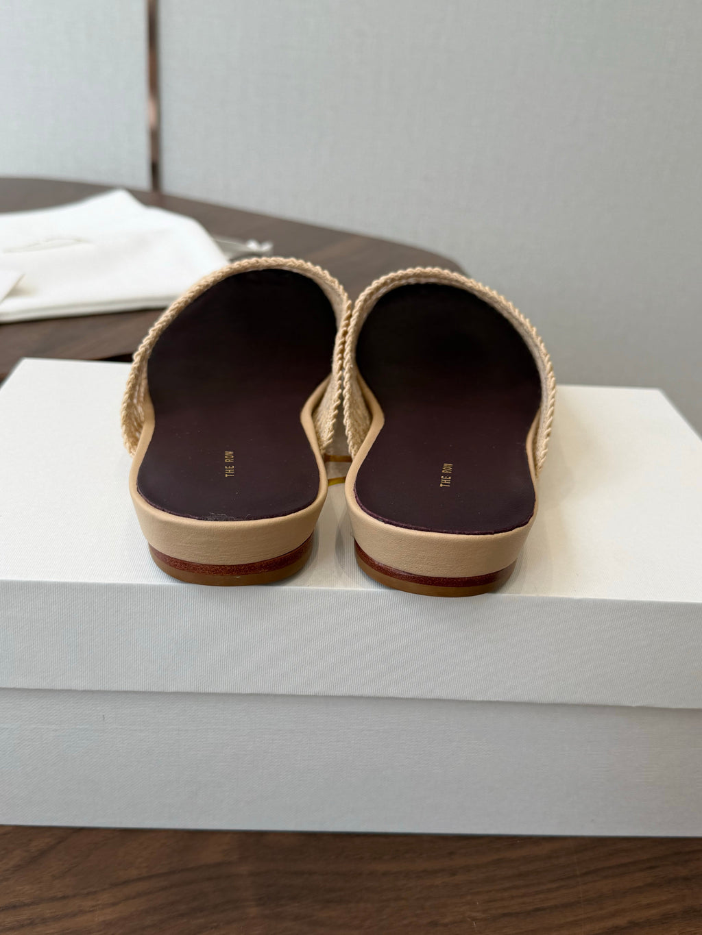 THE ROW 26S MULE FLATS IN BEIGE CROCHET MESH