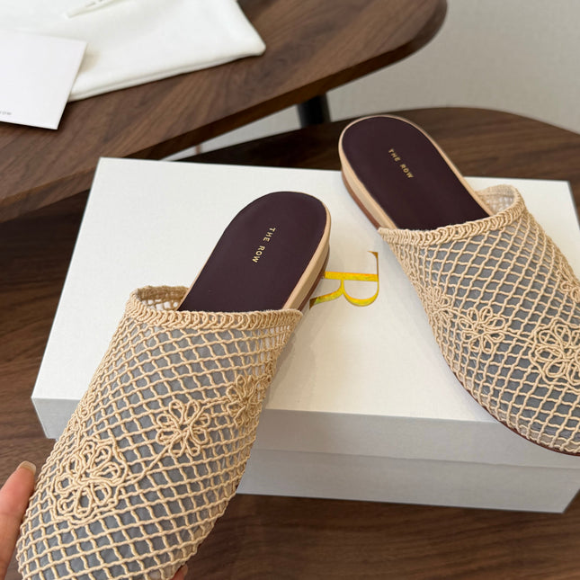 THE ROW 26S MULE FLATS IN BEIGE CROCHET MESH