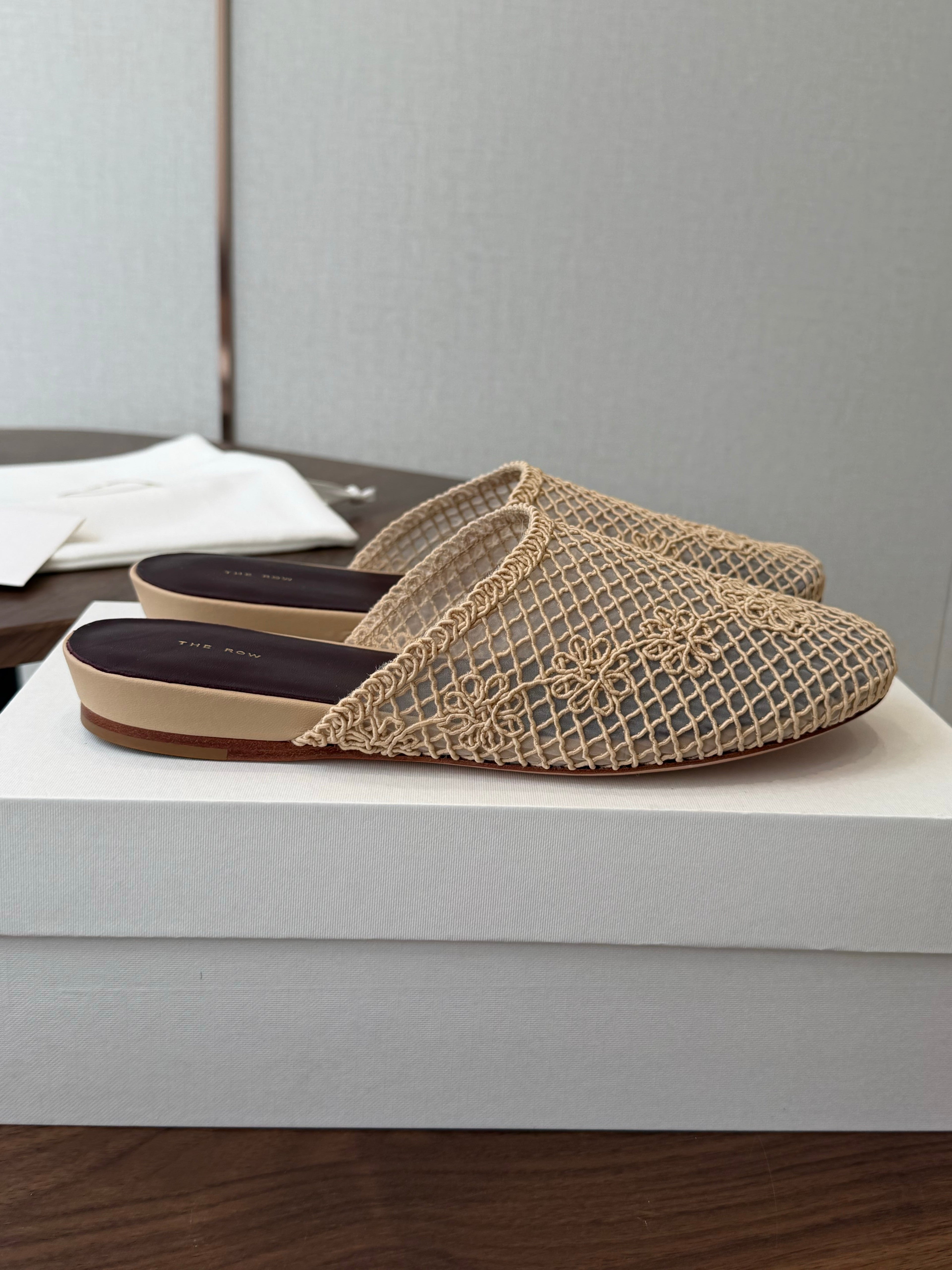 THE ROW 26S MULE FLATS IN BEIGE CROCHET MESH
