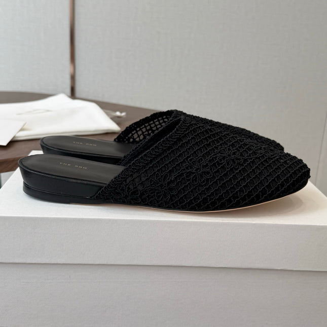 THE ROW 26S MULE FLATS IN BLACK CROCHET MESH