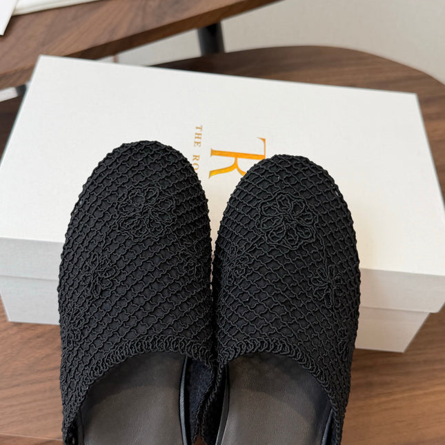 THE ROW 26S MULE FLATS IN BLACK CROCHET MESH