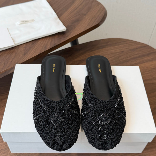 THE ROW 26S PEARL EMBELLISHED CROCHET MULE FLATS IN BLACK