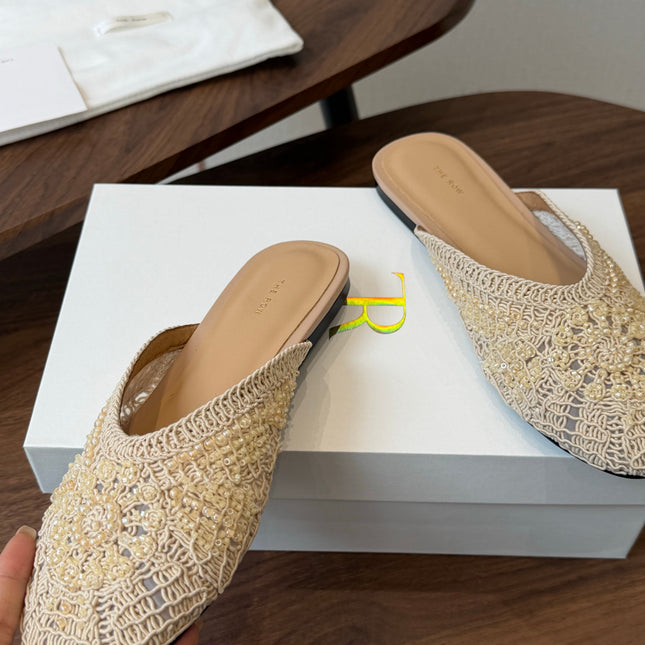 THE ROW 26S PEARL EMBELLISHED CROCHET MULE FLATS IN IVORY WHITE