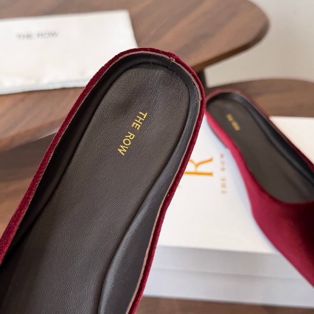 THE ROW 26S POINTED TOE MULES IN BURGUNDY RED VELVET