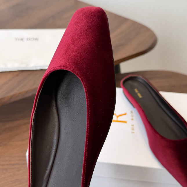 THE ROW 26S POINTED TOE MULES IN BURGUNDY RED VELVET
