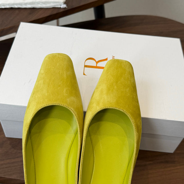 THE ROW 26S POINTED TOE MULES IN LIME GREEN SUEDE