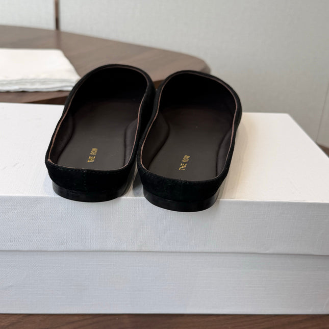 THE ROW 26S POINTED TOE MULES IN BLACK SUEDE