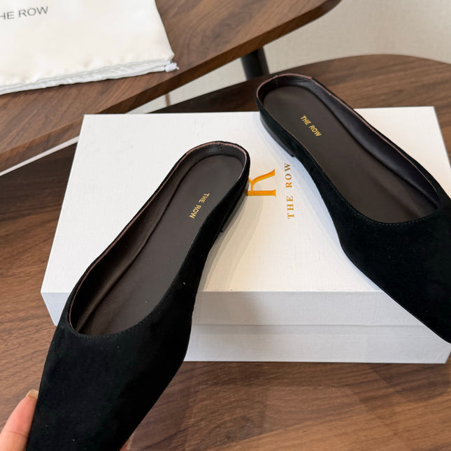 THE ROW 26S POINTED TOE MULES IN BLACK SUEDE