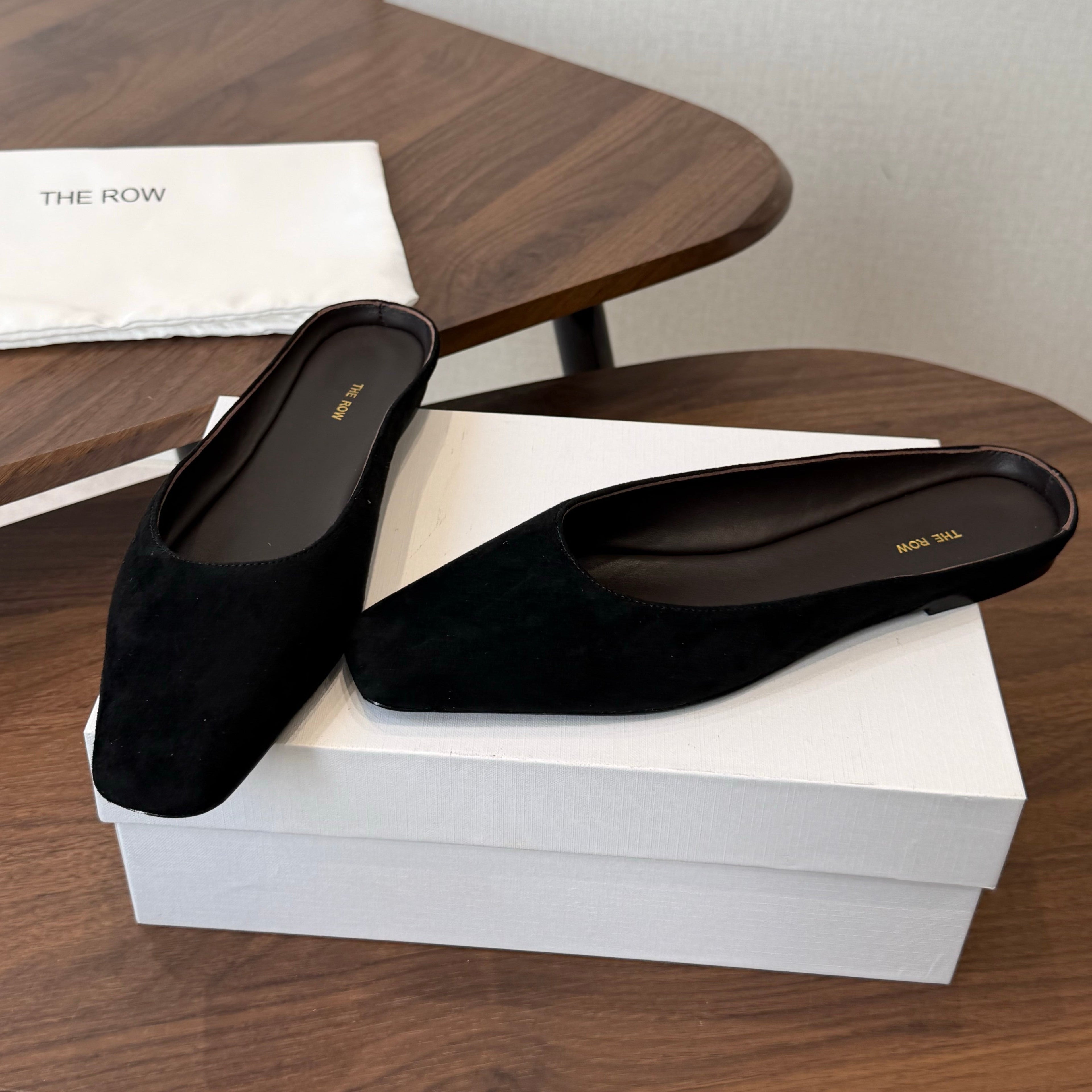 THE ROW 26S POINTED TOE MULES IN BLACK SUEDE