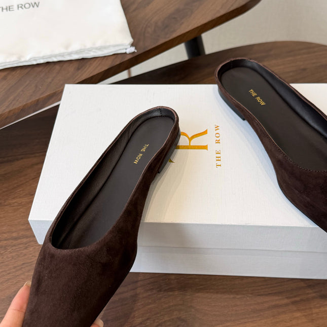 THE ROW 26S POINTED TOE MULES IN DARK BROWN SUEDE