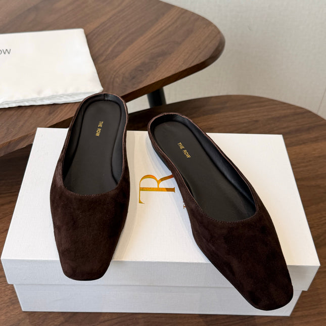 THE ROW 26S POINTED TOE MULES IN DARK BROWN SUEDE