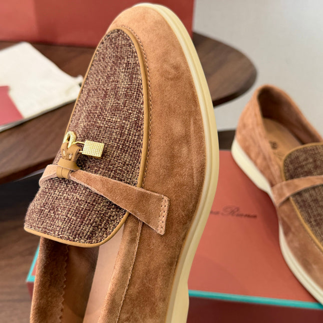 LP 26S LOAFERS IN CARAMEL BROWN SUEDE & FABRIC GOLD HARDWARE