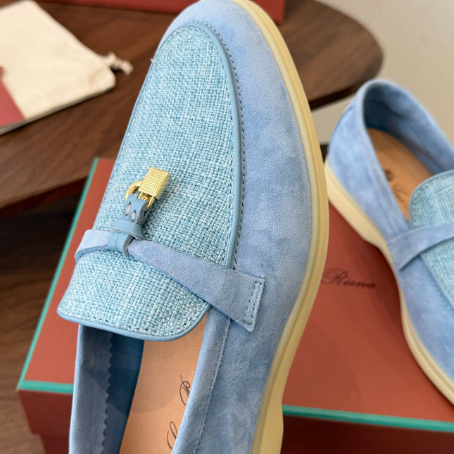 LP 26S LOAFERS IN LIGHT BLUE SUEDE & FABRIC GOLD HARDWARE