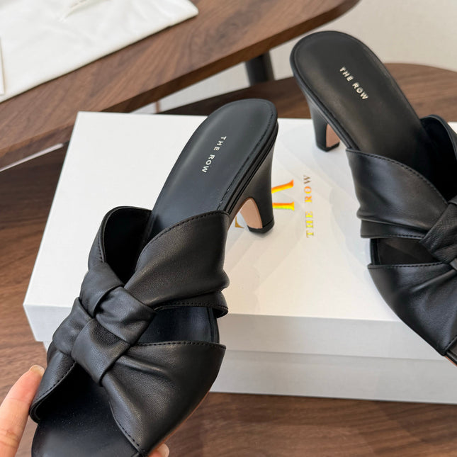 THE ROW 26S KNOT HEELED SLIDE SANDALS 35MM IN BLACK LAMBSKIN