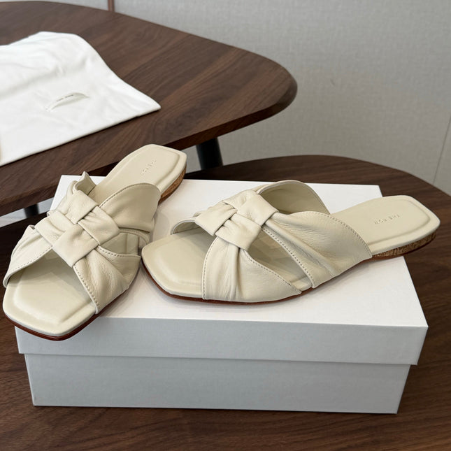 THE ROW 26S KNOT SLIDE SANDALS IN IVORY WHITE LAMBSKIN