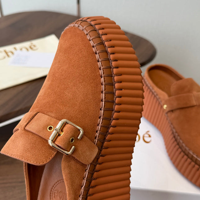 CHLOE 26S PLATFORM MULES IN BROWN SUEDE