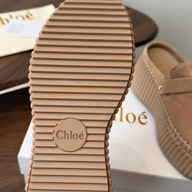 CHLOE 26S PLATFORM MULES IN NUDE BEIGE SUEDE