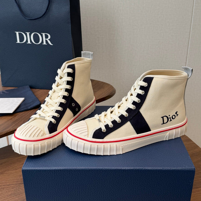 DIOR 26S HIGH-TOP SNEAKERS 30MM IN IVORY WHITE AND NAVY BLUE CANVAS
