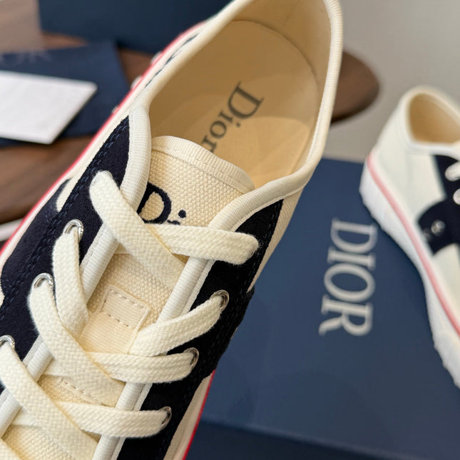 DIOR 26S LOW-TOP SNEAKERS 30MM IN IVORY WHITE AND NAVY BLUE CANVAS