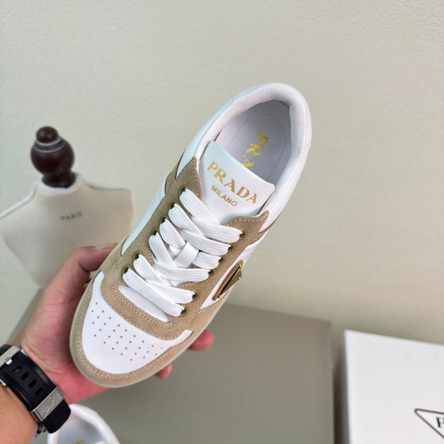 PRADA 26S DOWNTOWN THICK SOLE SNEAKERS IN WHITE CALFSKIN AND BROWN SUEDE