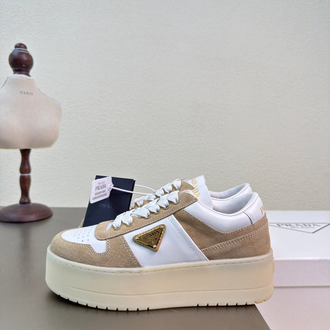 PRADA 26S DOWNTOWN THICK SOLE SNEAKERS IN WHITE CALFSKIN AND BROWN SUEDE