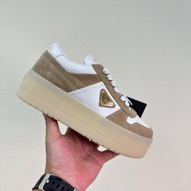 PRADA 26S DOWNTOWN THICK SOLE SNEAKERS IN WHITE CALFSKIN AND BROWN SUEDE