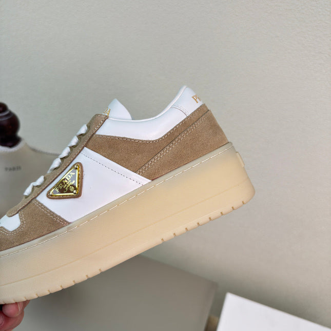 PRADA 26S DOWNTOWN THICK SOLE SNEAKERS IN WHITE CALFSKIN AND BROWN SUEDE